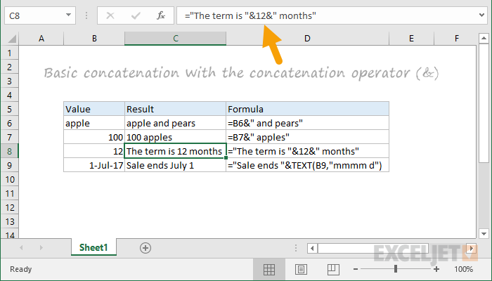 Examples of concatenation formulas in Excel