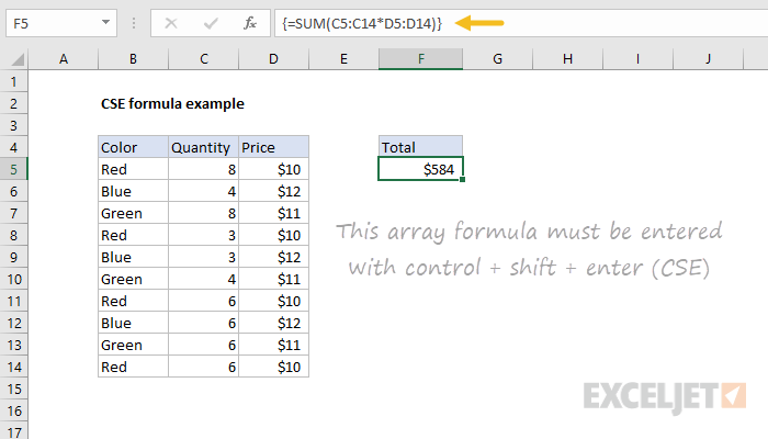 Example of CSE array formula in Excel