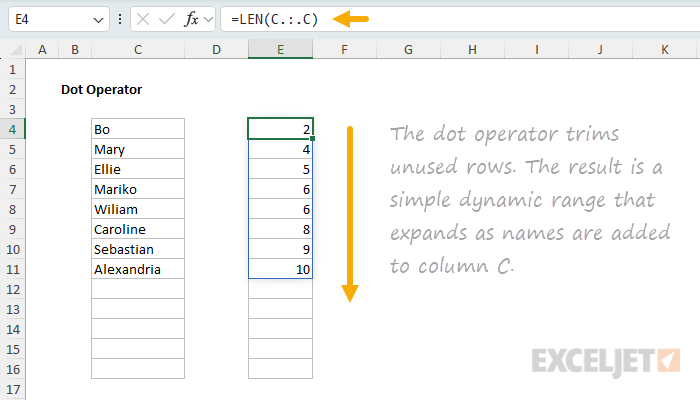 Example of Excel's dot operator to create a simple dynamic range Example of Excel's dot operator to create a simple dynamic range