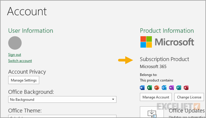 Excel Subscription Information at File > Account