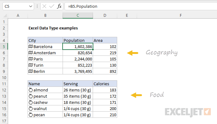 Excel Data Type examples