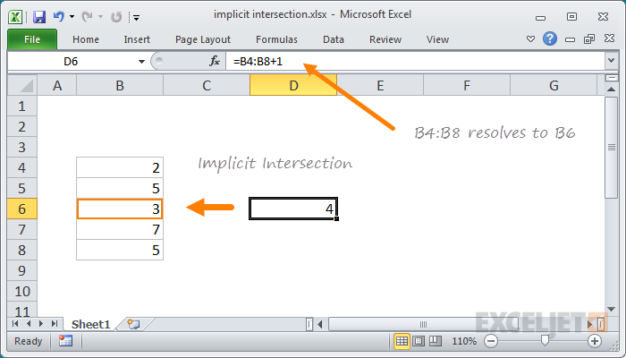 Excel implicit intersection example
