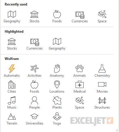 Excel Data Type options