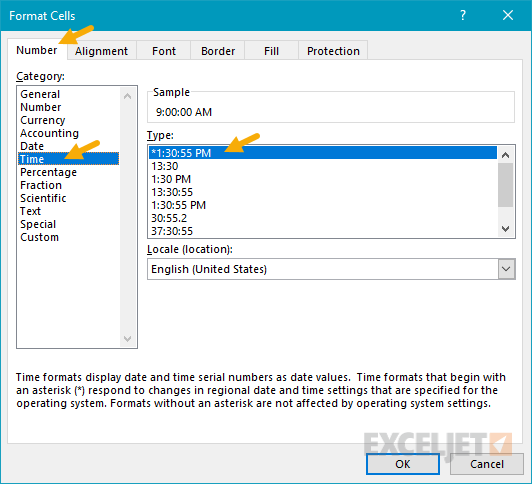 Time formatting options in Excel via Format Cells dialog