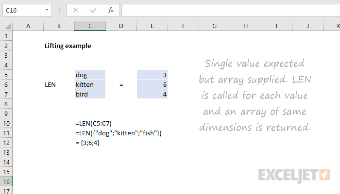 Example of "lifting", an array calculation behavior in Excel