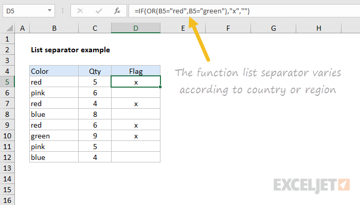 Excel function list separator varies by region