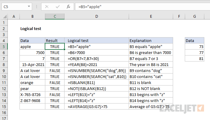 Examples of logical tests with Excel formulas