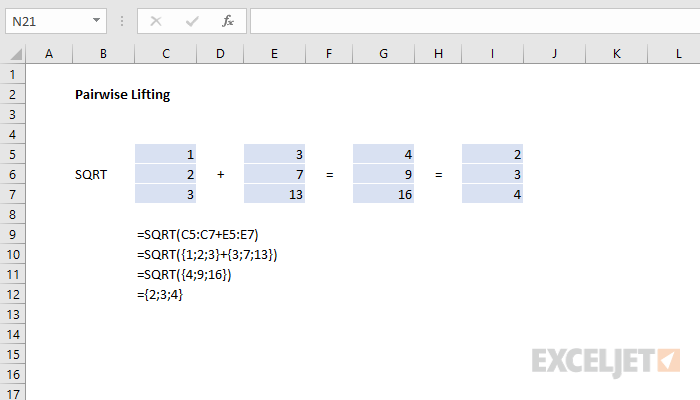 Example of "pairwise lifting", an array calculation behavior in Excel
