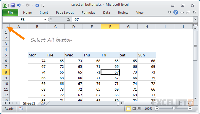 Excel Select All button at upper left of all worksheets
