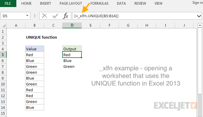 Example of _xlfn with UNIQUE function