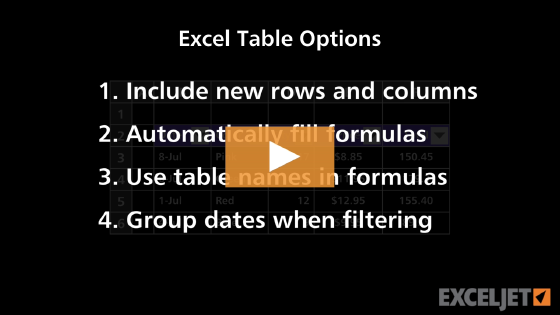 Excel Table Options