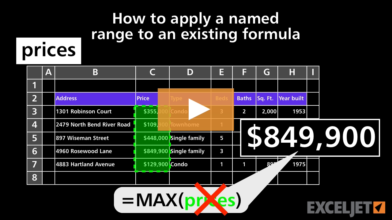 How to apply a named range to an existing formula (video) | Exceljet