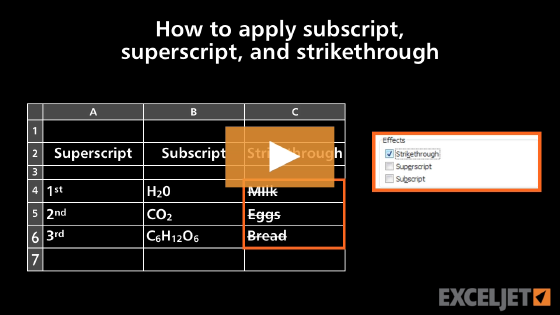How to apply subscript, superscript, and strikethrough formatting in Excel