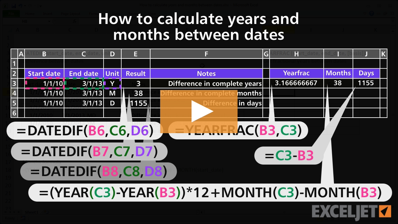 How to calculate years and months between dates (video) | Exceljet