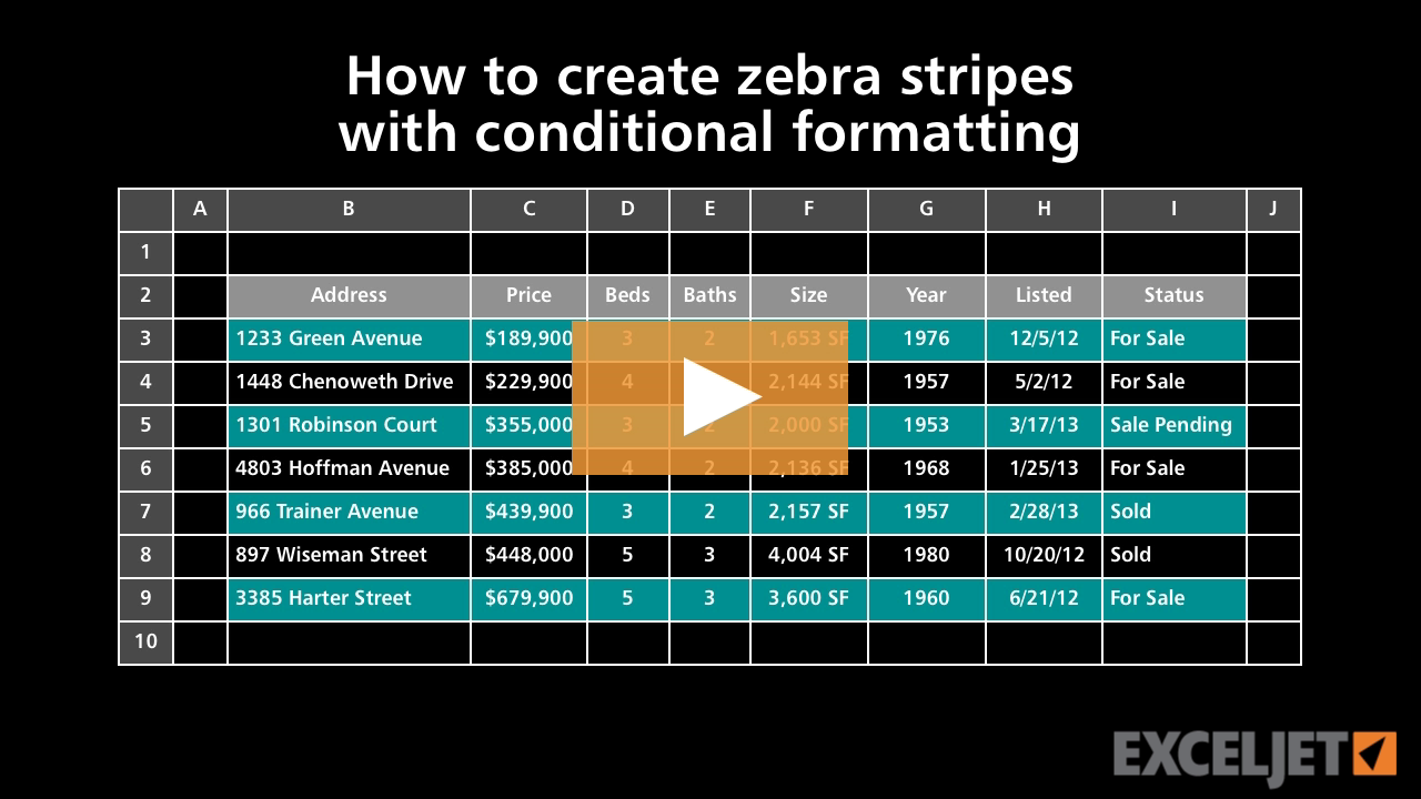 Video thumbnail for How to create zebra stripes with conditional formatting