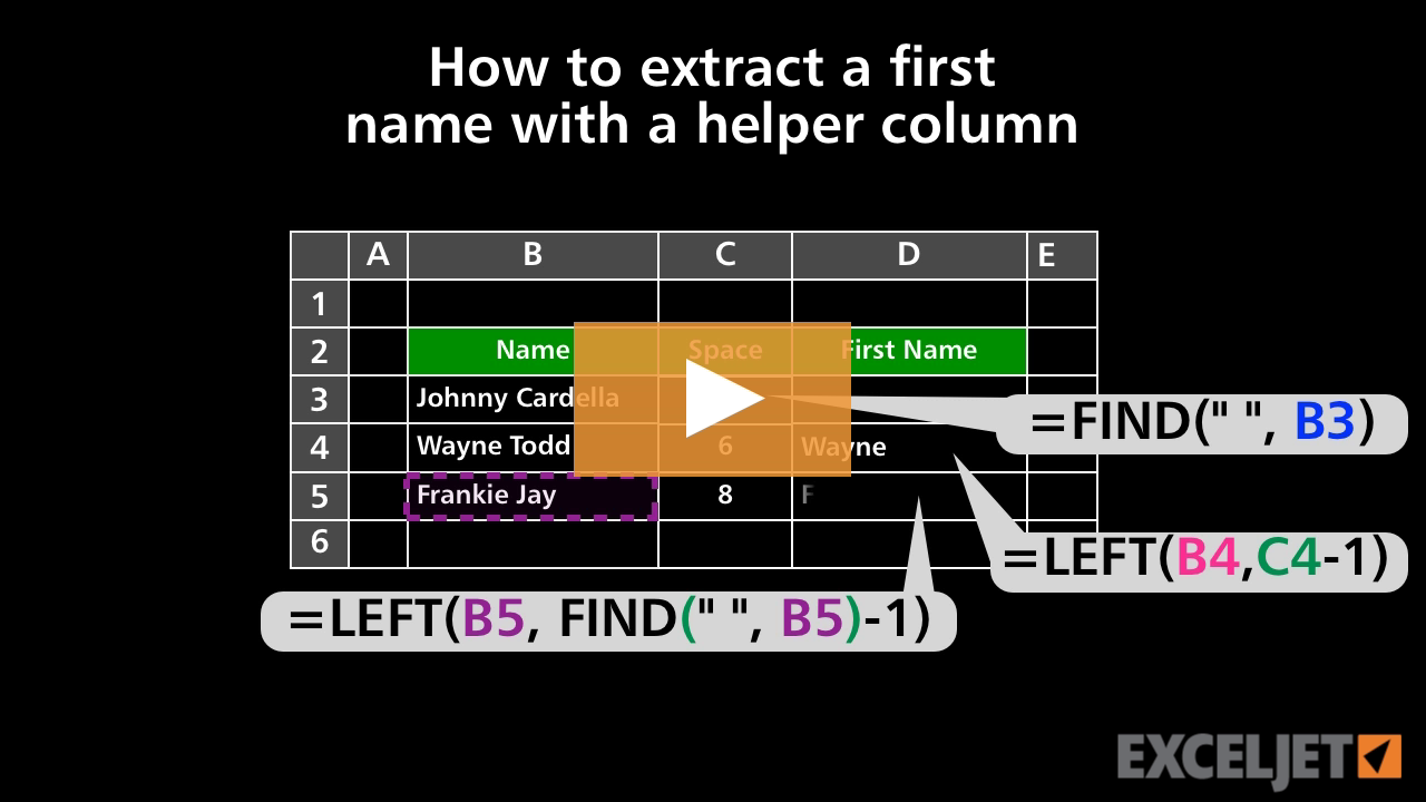 How to extract a first name with a helper column (video) | Exceljet