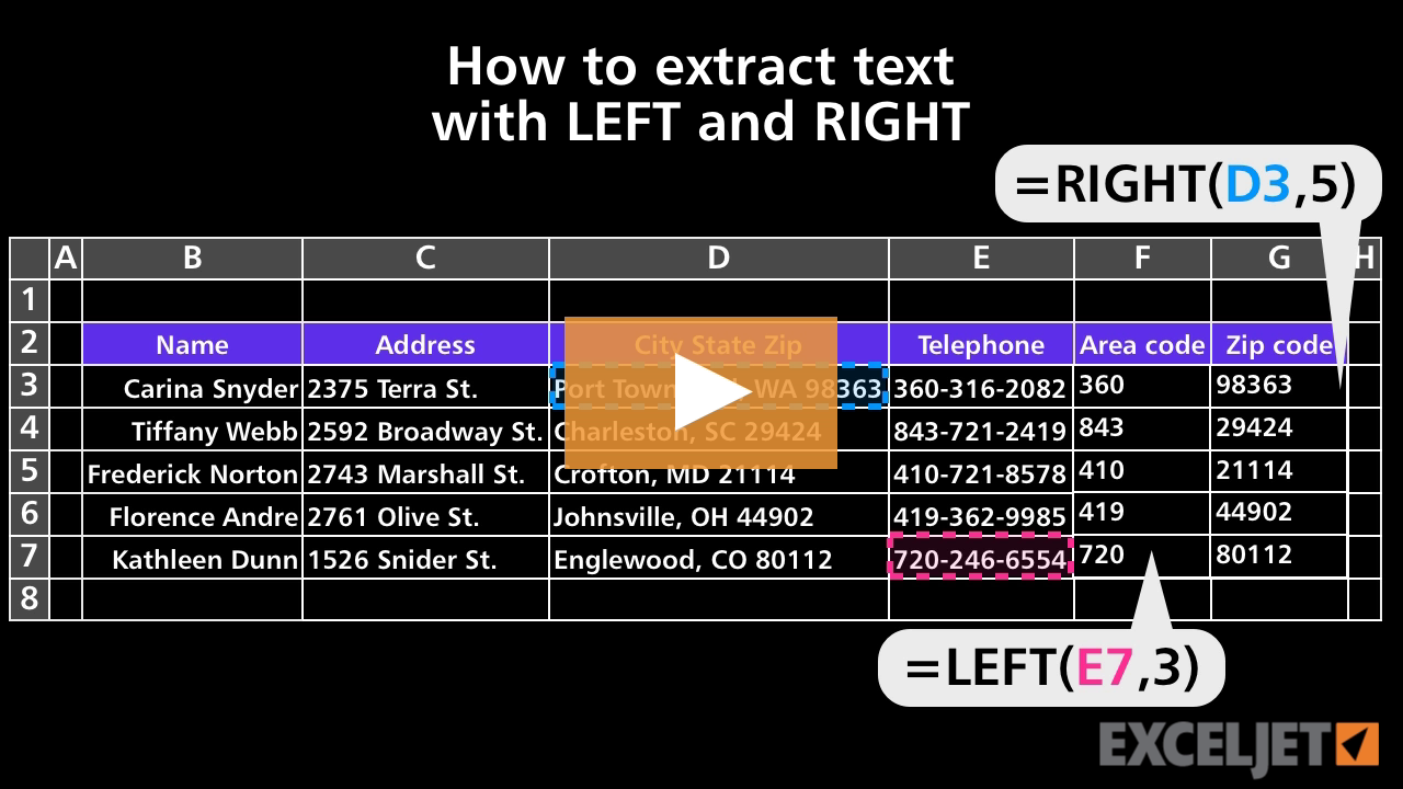 How to extract text with LEFT and RIGHT (video) | Exceljet