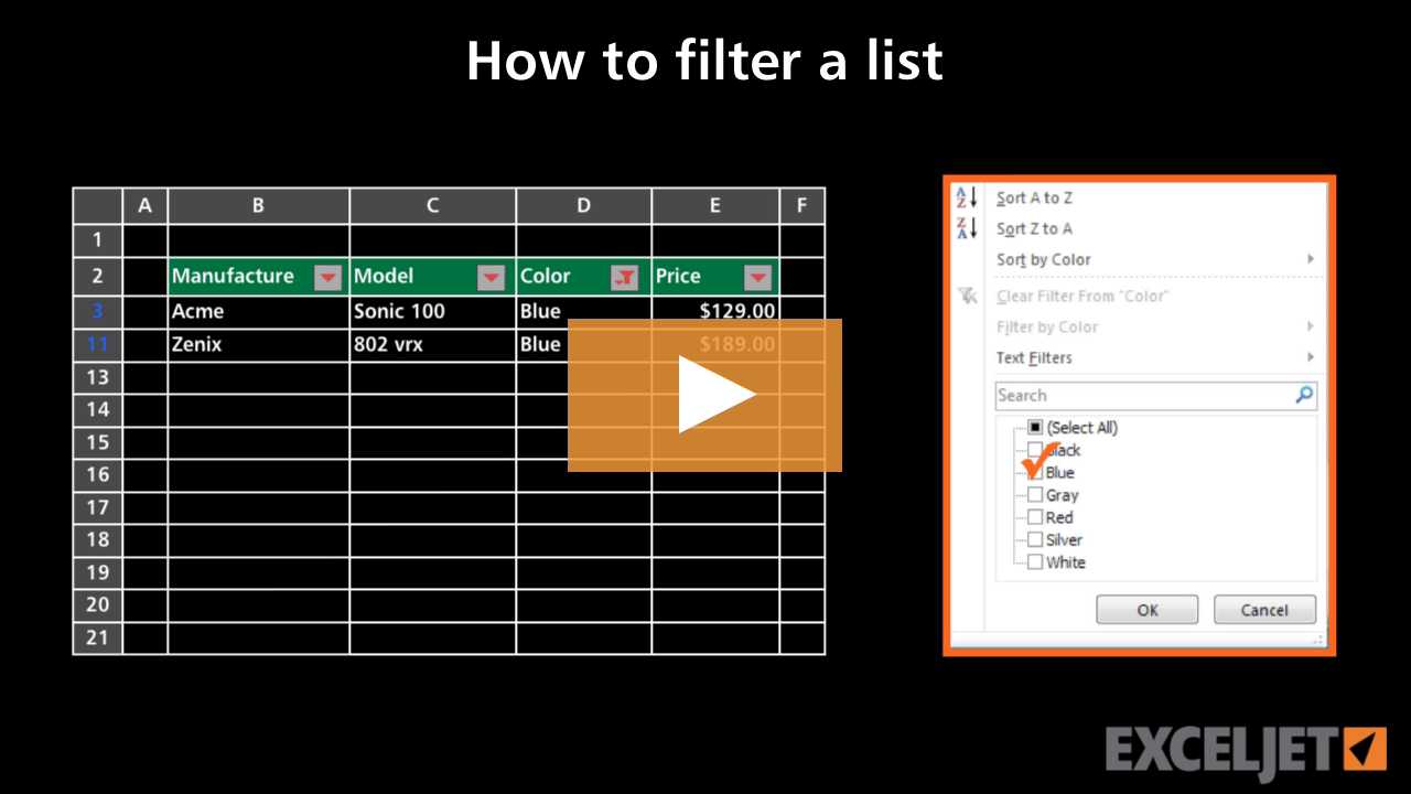 How to filter a list (video) | Exceljet
