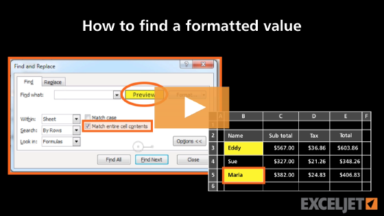 How to find a formatted value in Excel