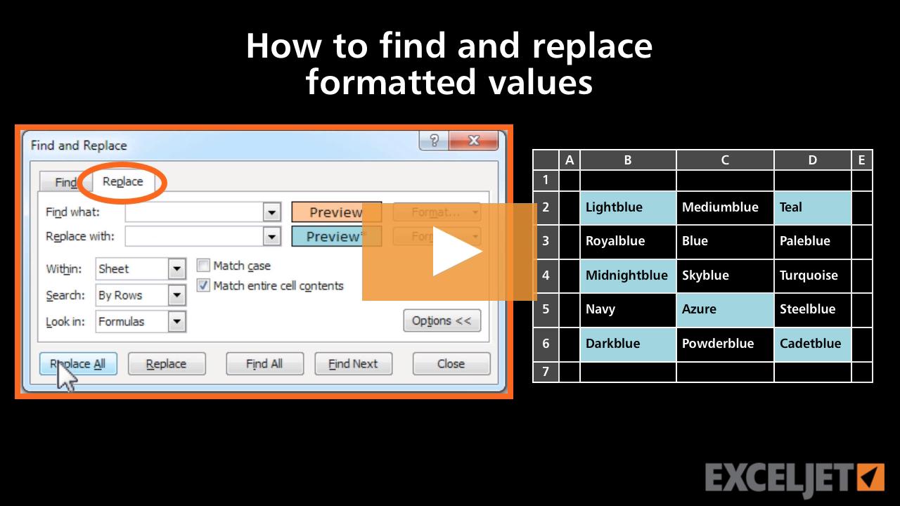 How to find and replace formatted values in Excel (video) | Exceljet