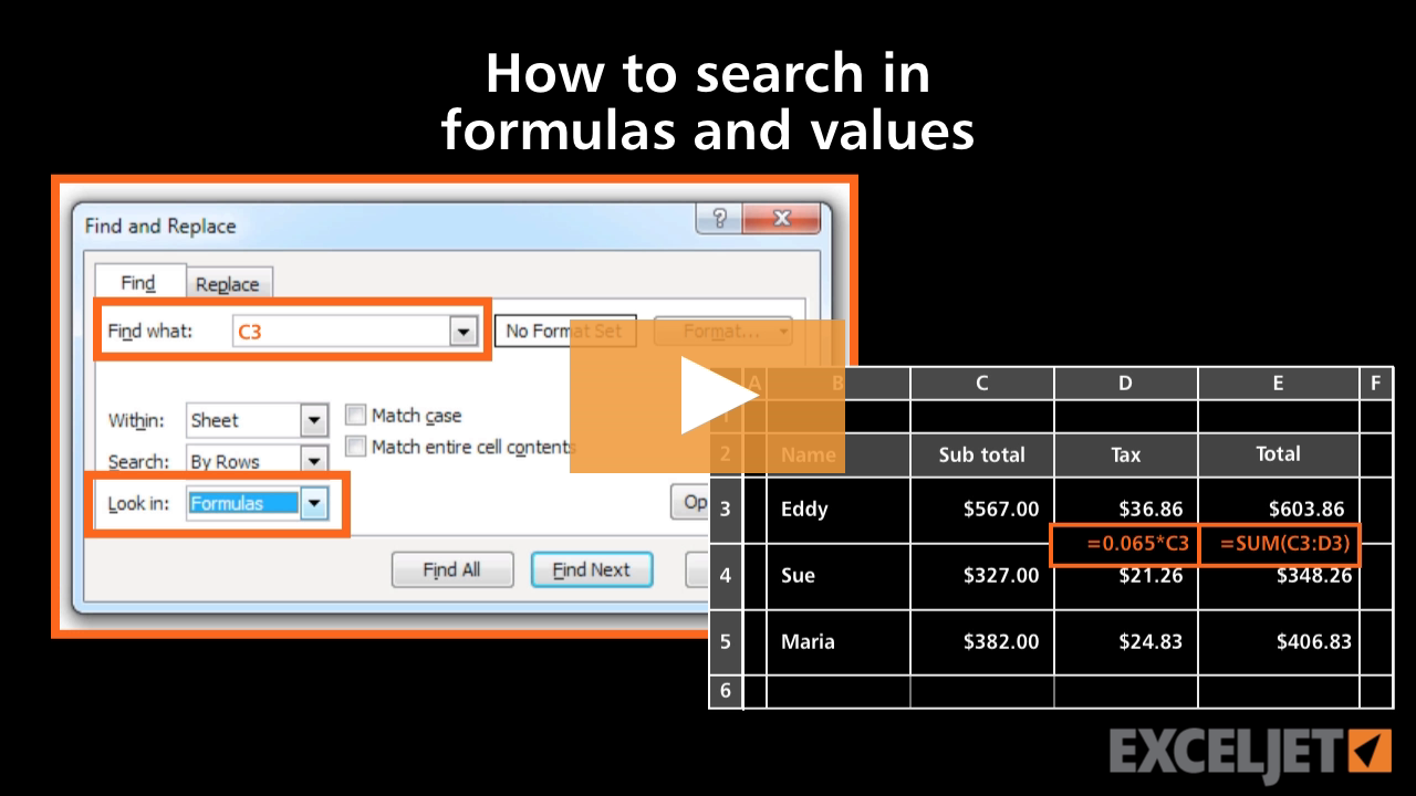 How to search in formulas and values in Excel (video) | Exceljet