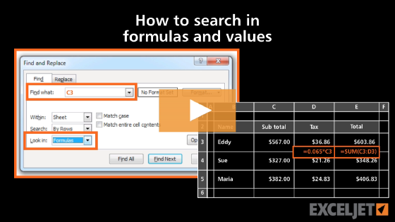 How to search in formulas and values in Excel