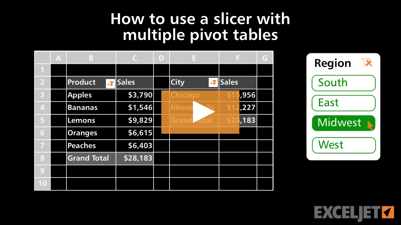 Video thumbnail for How to use a slicer with multiple pivot tables